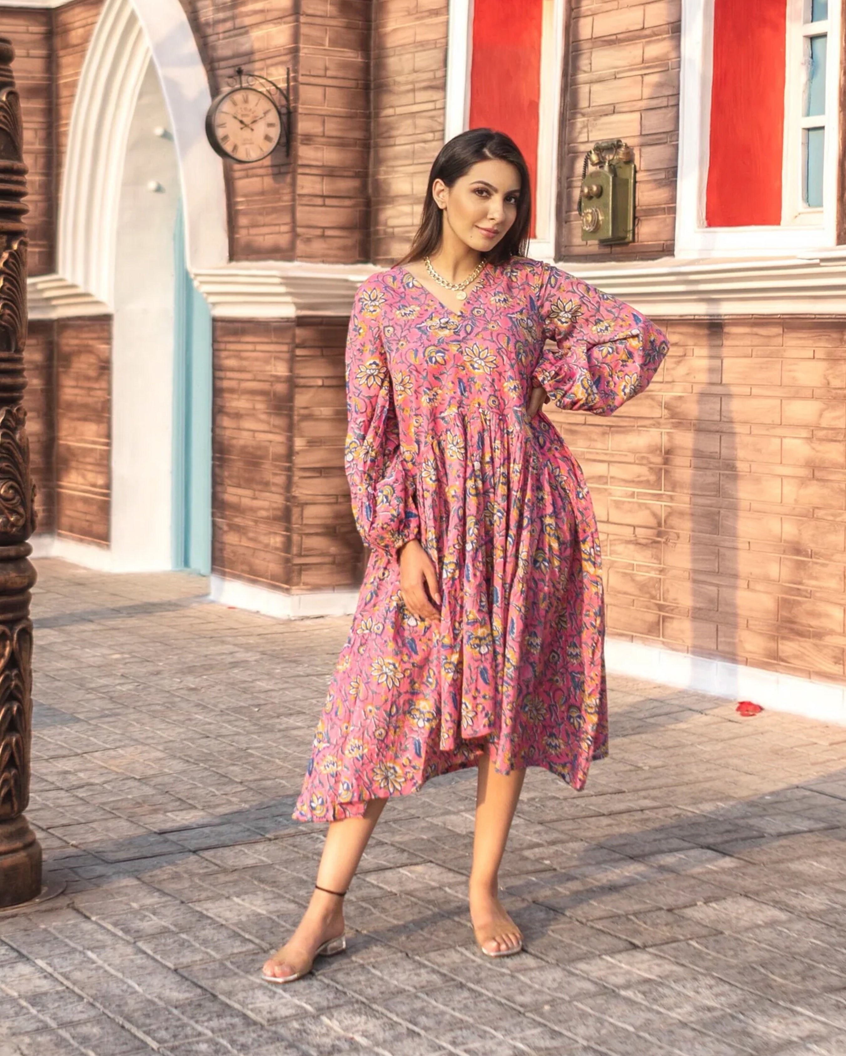 Pink Dayflower Handblock Cotton Dress