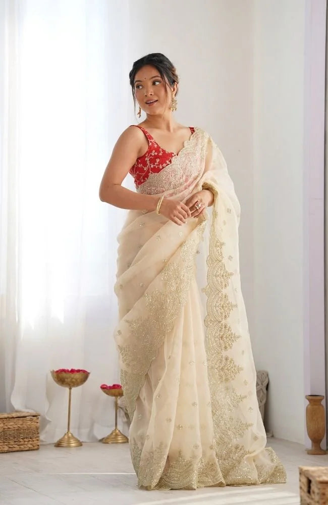 Off-White Organza Embroidered Saree – Elegant Party & Festive Wear