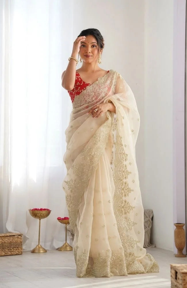 Off-White Organza Embroidered Saree – Elegant Party & Festive Wear