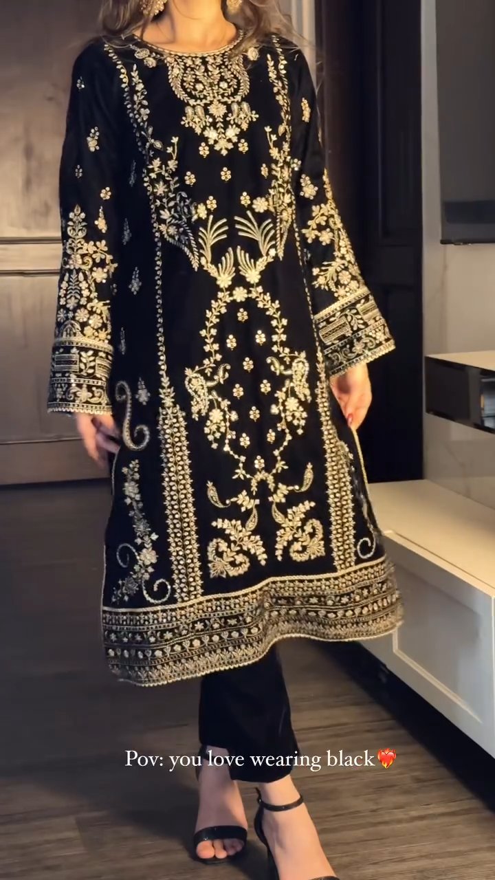 Elegant Black Velvet Embroidered Kurta Set