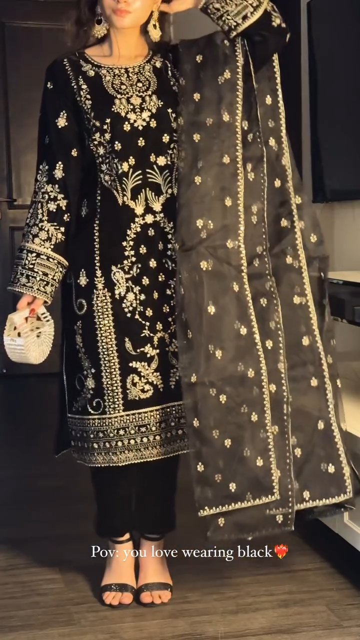 Elegant Black Velvet Embroidered Kurta Set