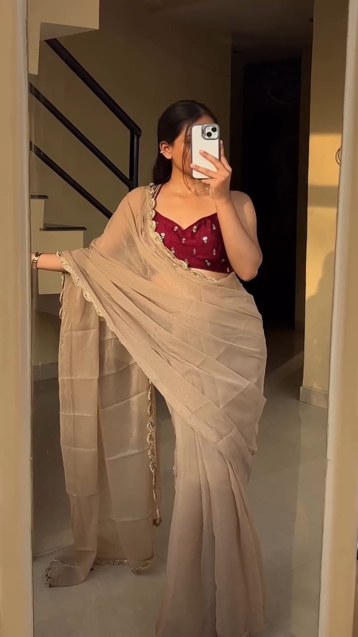 Elegant Beige Organza Saree with Maroon Embroidered Blouse – Minimal & Classy Look