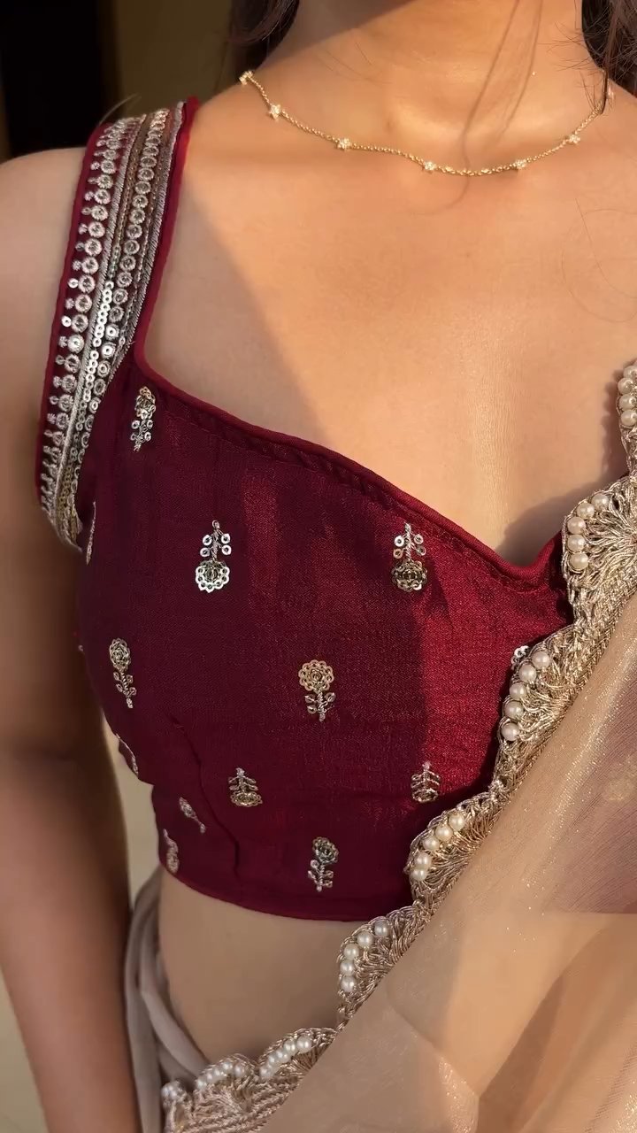 Elegant Beige Organza Saree with Maroon Embroidered Blouse – Minimal & Classy Look