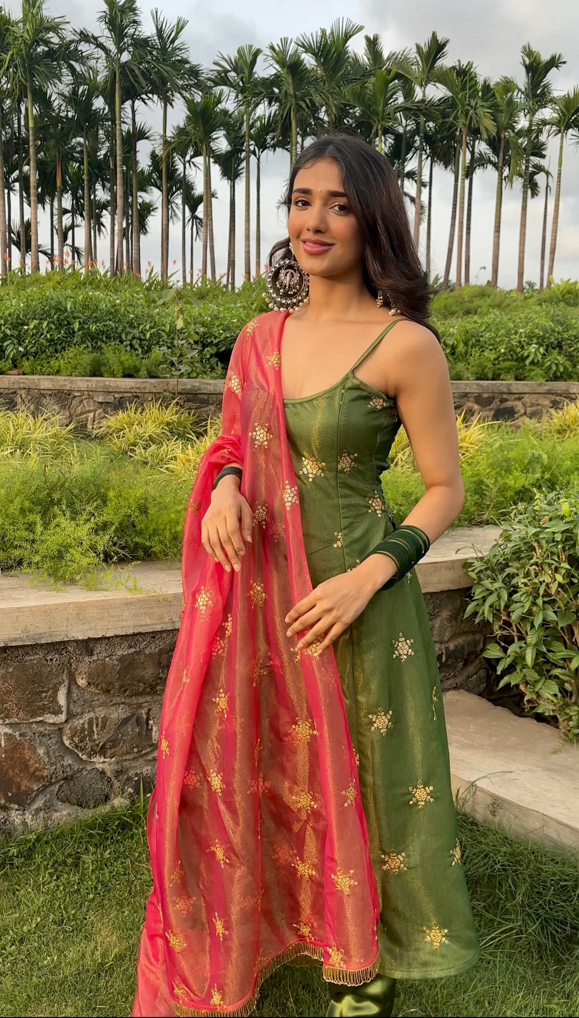 Forest Green Silk Suit Set with Pink Dupatta