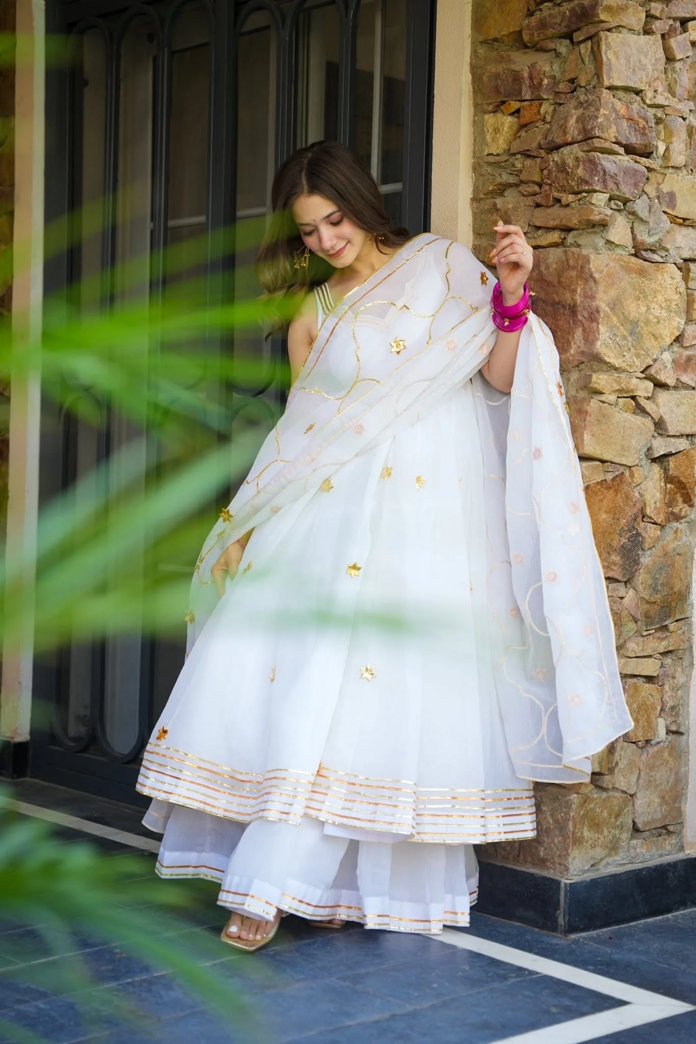 Elegant White Georgette Anarkali Suit with Golden Embroidery & Organza Dupatta
