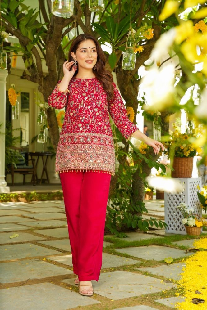 Crimson Red Mirror-Work & Thread-Embroidered Kurta Set